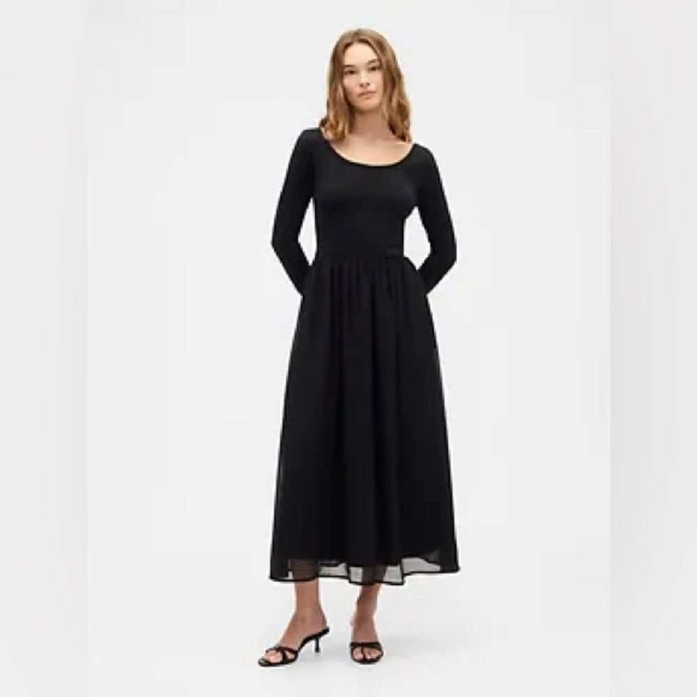 Gap Mixed Media Maxi Dress Navy Blue – Size L – Ballerina Neckline, Long Sleeve